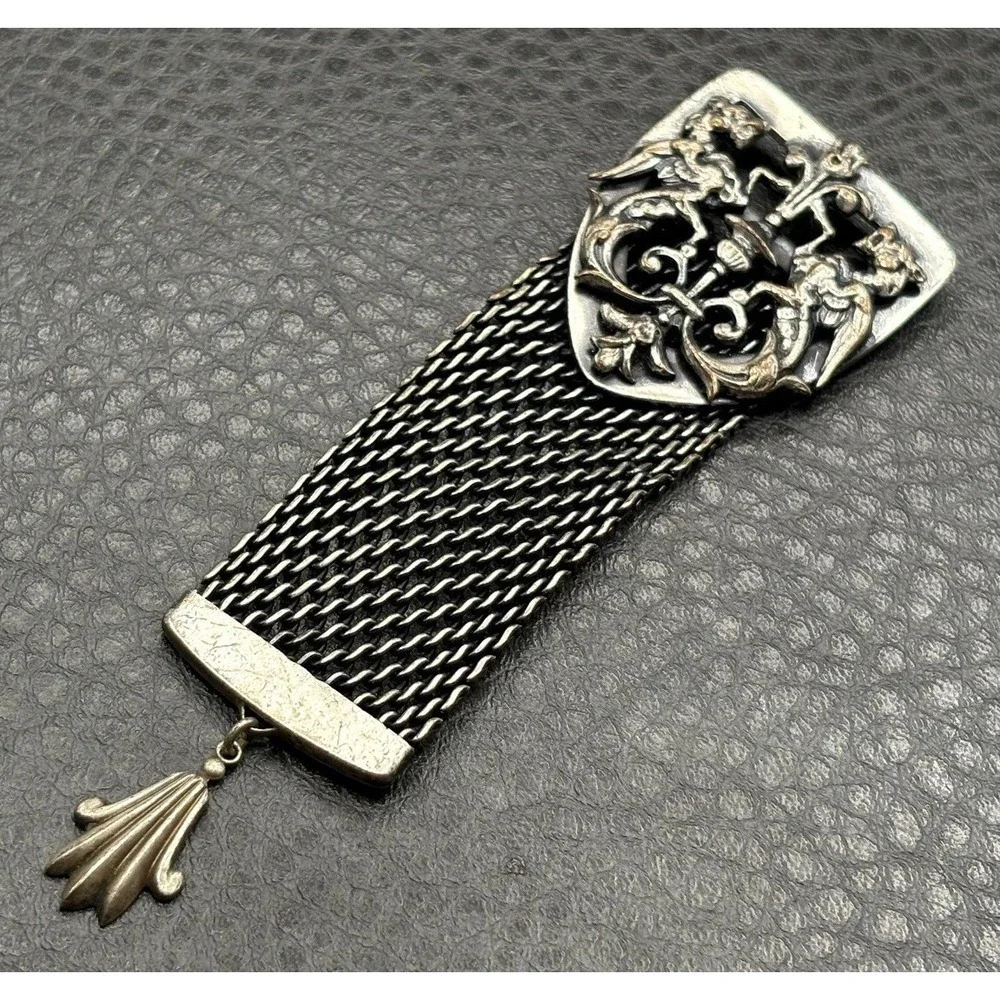 Vintage Victorian Revival Dragon Silver Tone Ornate Baroque Mesh Brooch Pin